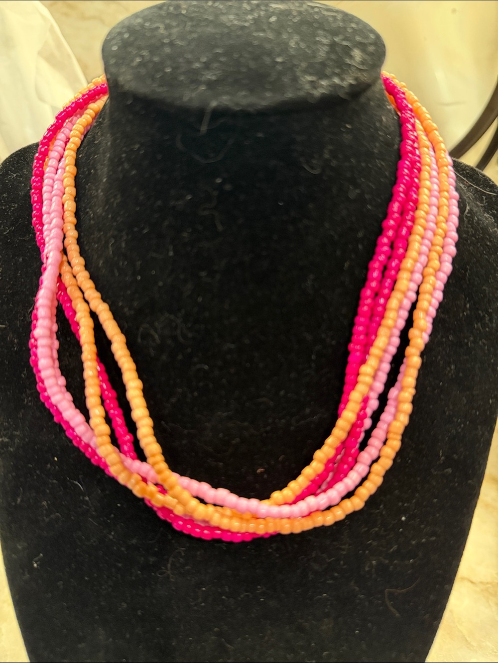 Multi-Strand Hit Pink & Orange Beaded Necklace 16 inch